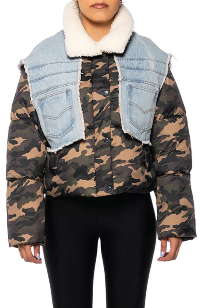 AZALEA WANG Hotshot Camo & Denim Puffer Jacket with Faux Shearling Collar in Camo Multi Cover