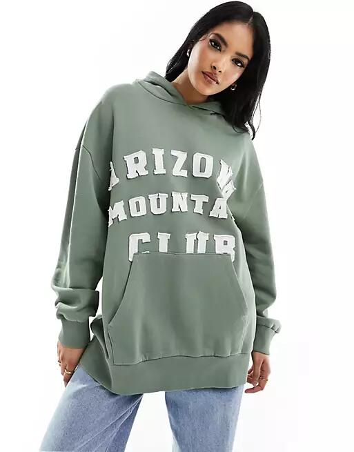 ASOS DESIGN oversized hoodie with arizona mountain club applique graphic in khaki-Green Cover