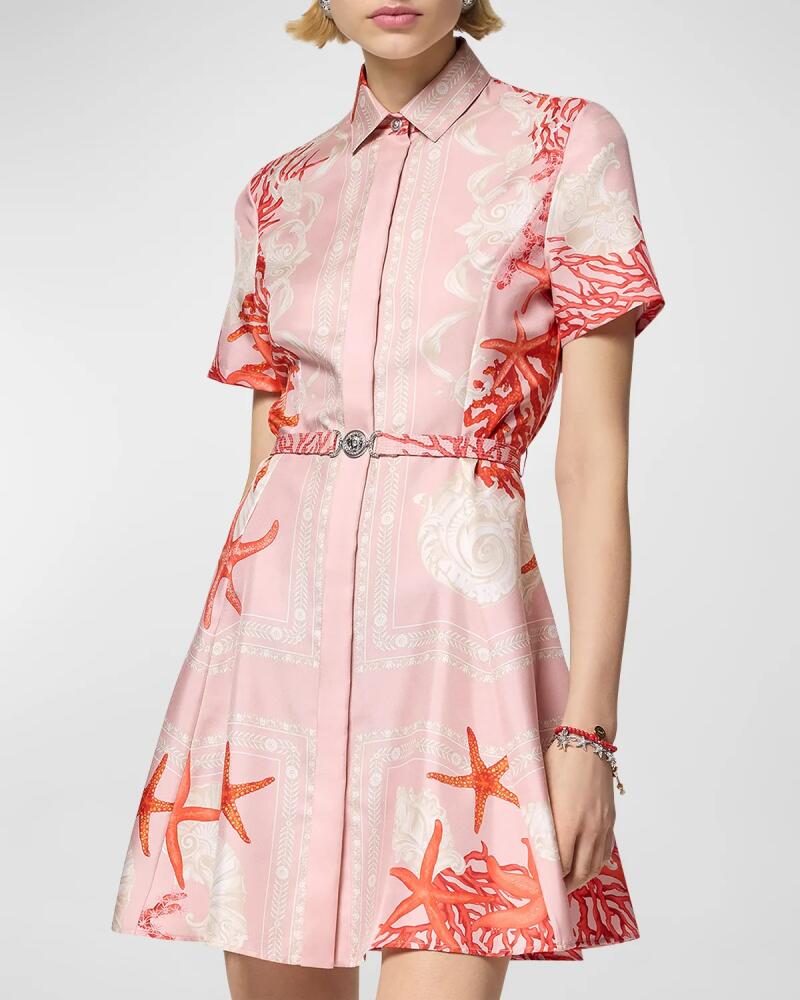 Versace Holiday-Print Belted Short-Sleeve Silk Twill Mini Shirtdress Cover