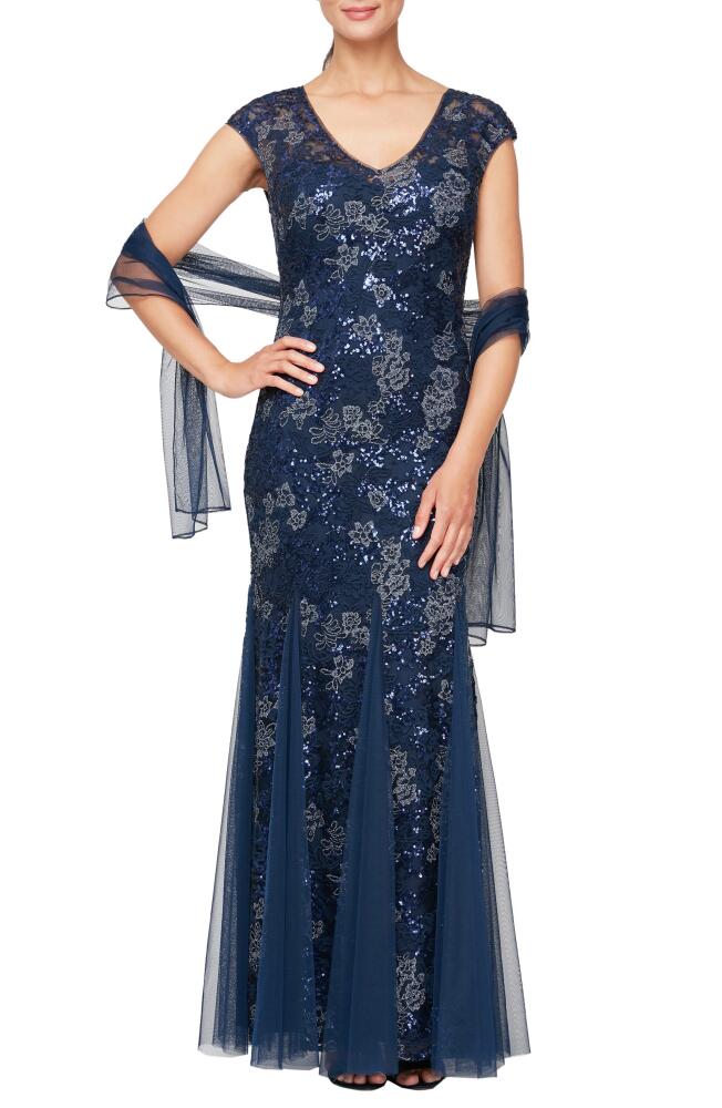 Alex Evenings Sequin Embroidered Trumpet Gown in Navy Cover