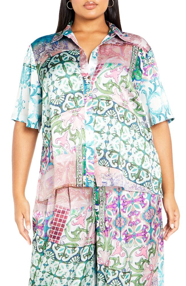 City Chic Paisley Satin Button-Up Shirt in Paisley Tile Cover