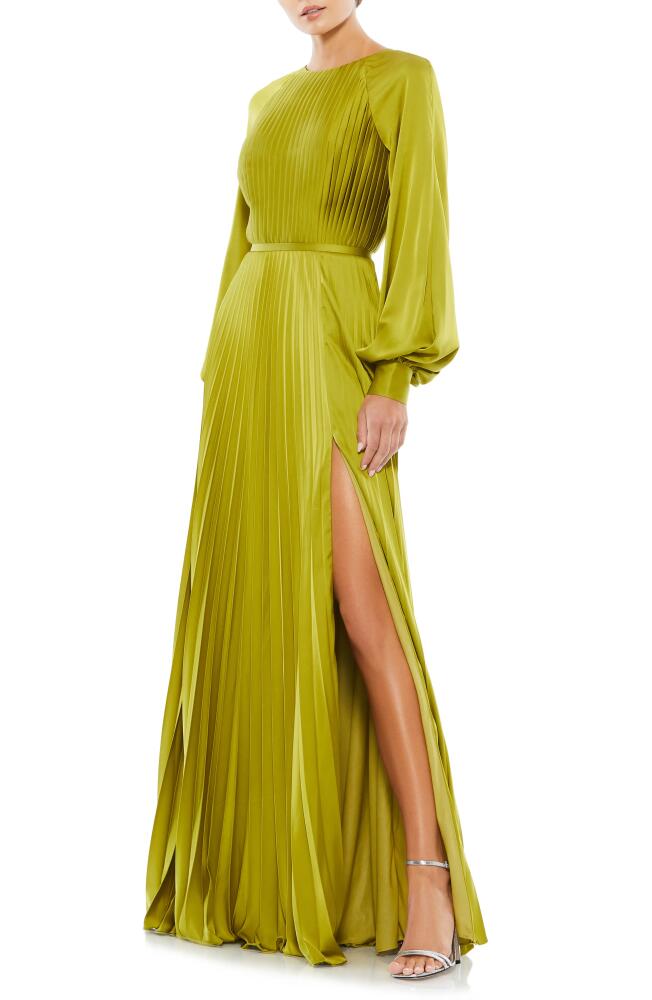 Ieena for Mac Duggal Pleated Long Sleeve Satin A-Line Gown in Apple Green Cover