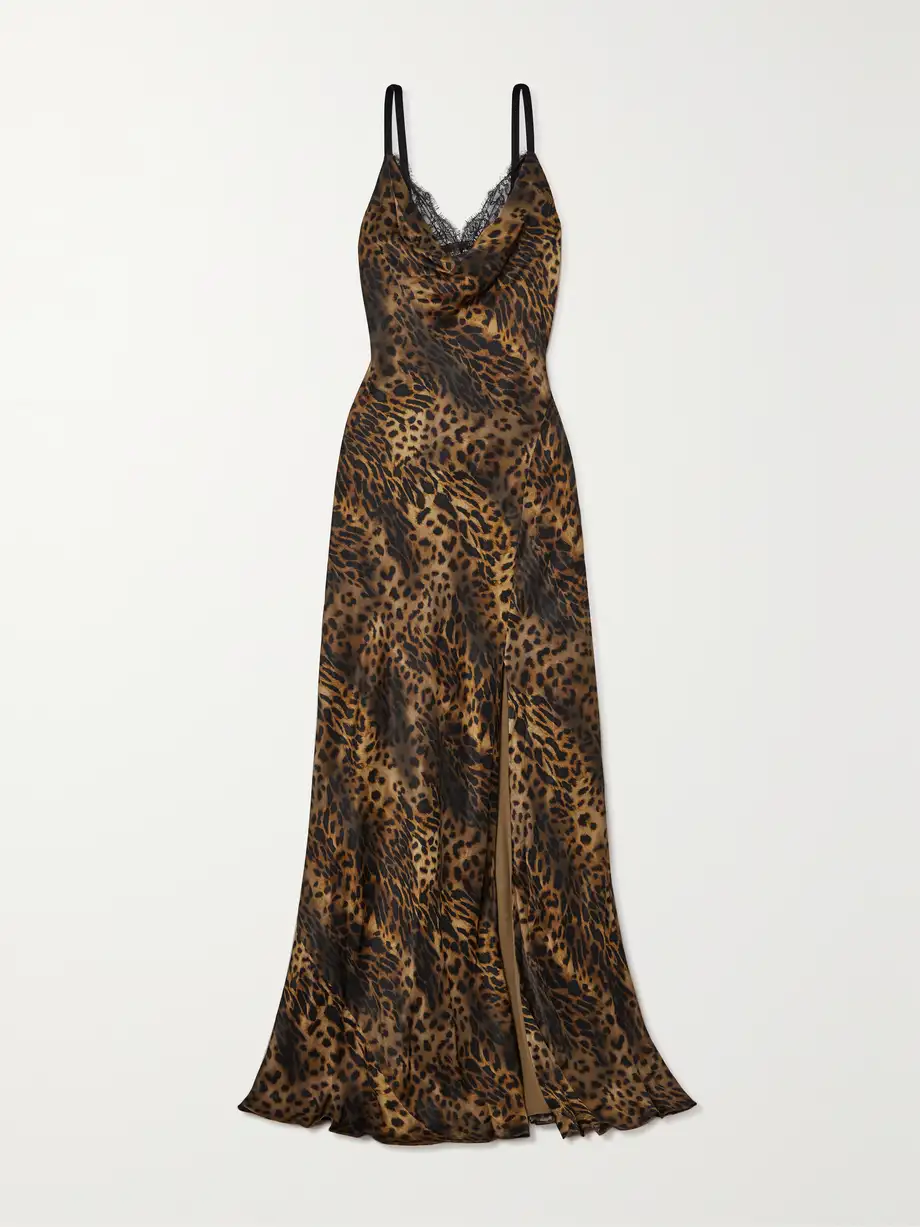 L'Agence - Venice Lace-trimmed Leopard-print Silk-satin Maxi Dress - Brown Cover