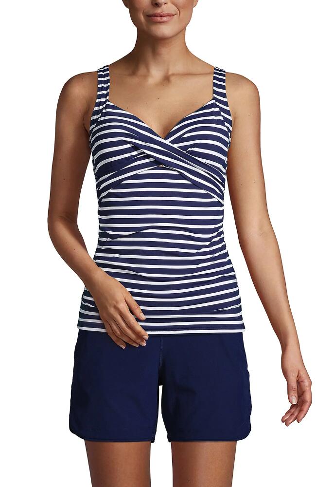 Lands' End Wrap Underwire Tankini Top Swimsuit in Deep Sea/white Media Stripe Cover