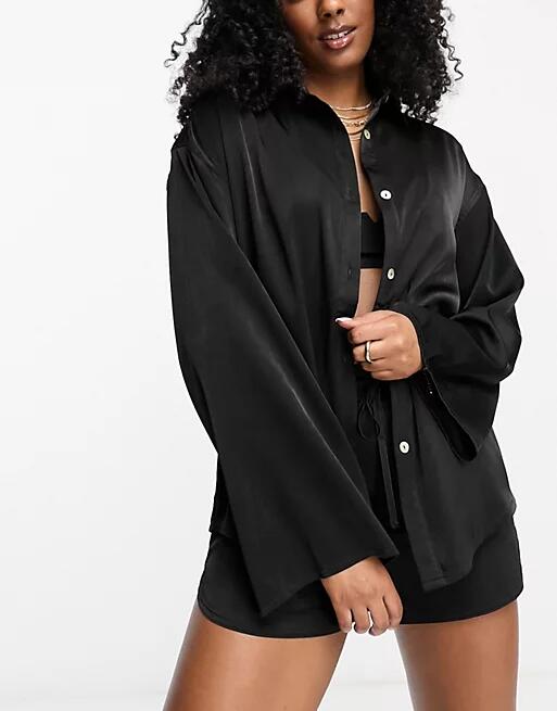 4th & Reckless satin beach shirt in black - part of a set Cover