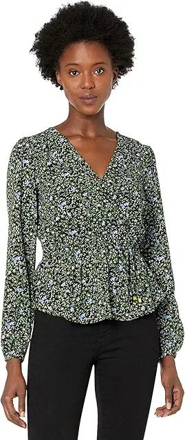 MICHAEL Michael Kors Floral Long Sleeve Wrap Top (Black) Women's Clothing Cover