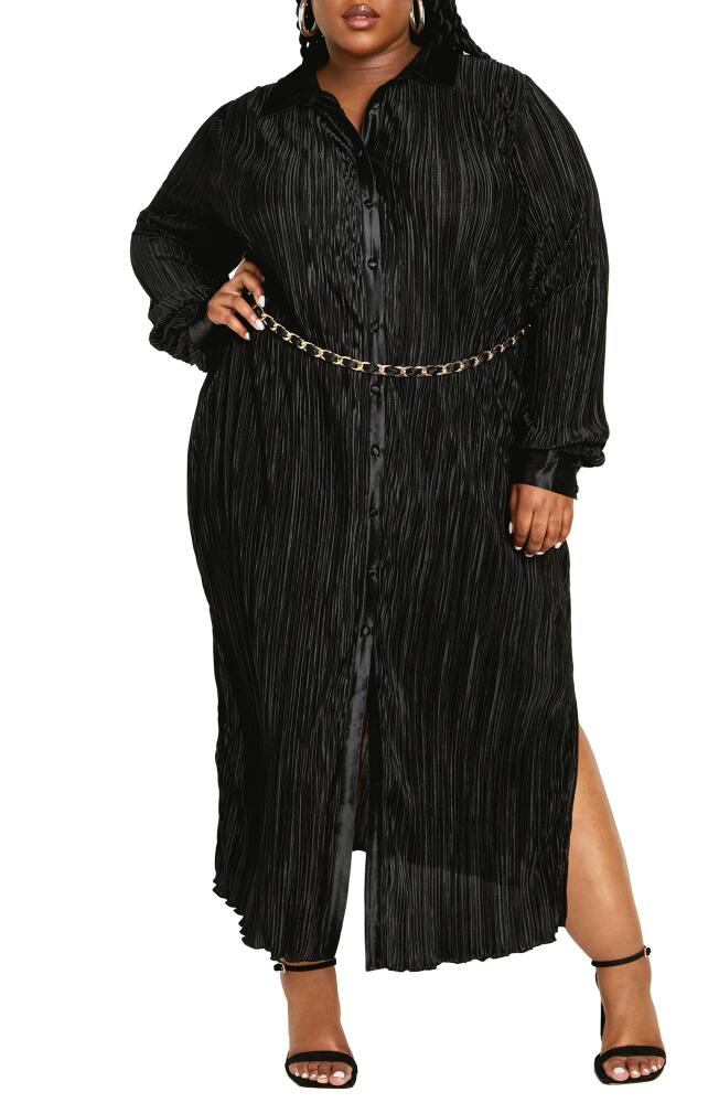 City Chic Andi Long Sleeve Plissé Maxi Shirtdress in Black Cover