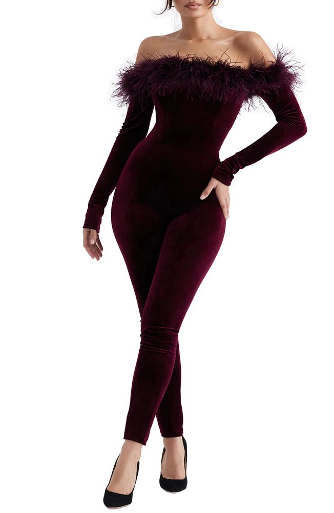 HOUSE OF CB Salima Feather Trim Off the Shoulder Long Sleeve Velvet Jumpsuit in Brown Cherry Cover