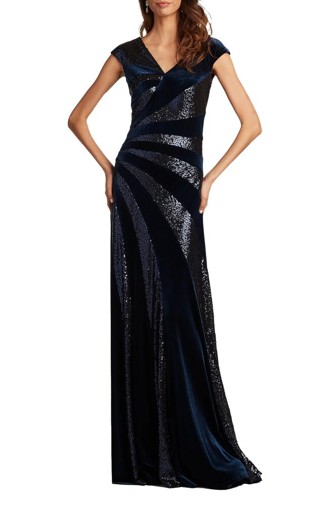 Tadashi Shoji Sequin Stripe Velvet Column Gown in Navy Cover