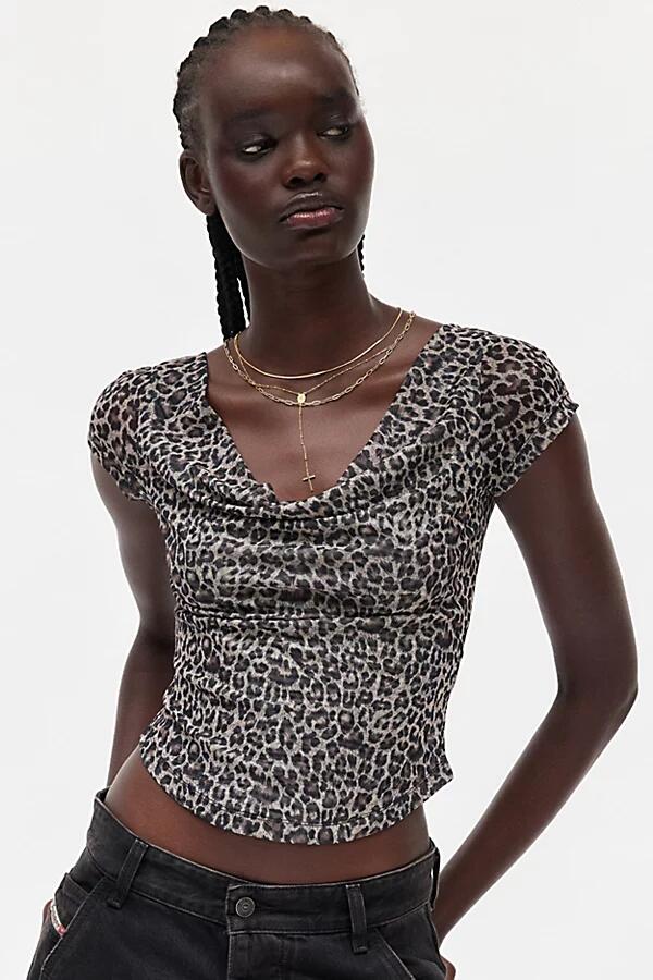 Silence + Noise Lara Mesh Off-The-Shoulder Top in Leopard Print Cover