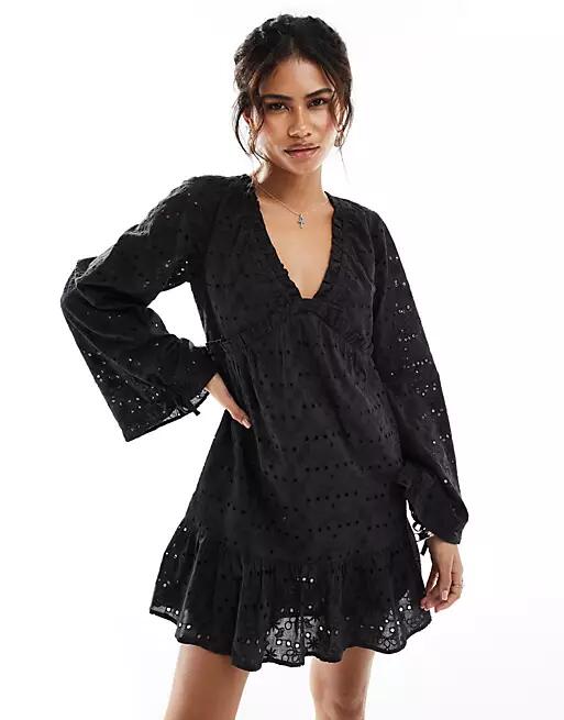 Reclaimed Vintage western eyelet smock mini dress in black-Multi Cover