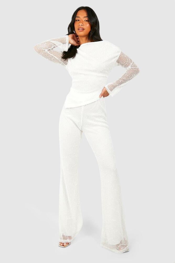 boohoo Womens Petite Textured Knit Flare Pants - White Cover