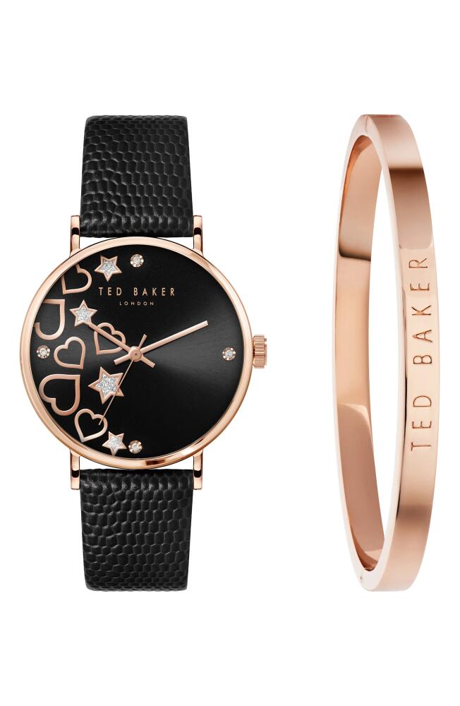 Ted Baker London Phylipa Leather Strap Watch & Bangle Bracelet Set, 34mm in Rose Gold/Black/Black Cover