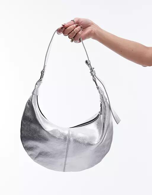 Topshop Leah leather mini scoop shoulder bag in silver Cover