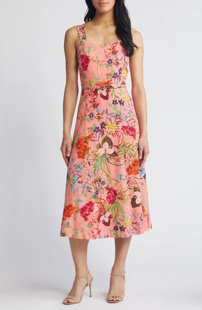 Anne Klein Floral Linen Blend A-Line Dress in Sunskist Coral Multi Cover