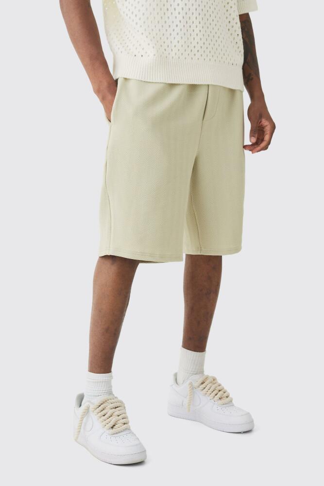 boohoo Mens Tall Herringbone Detail Elasticated Waist Short In Stone - Beige Cover