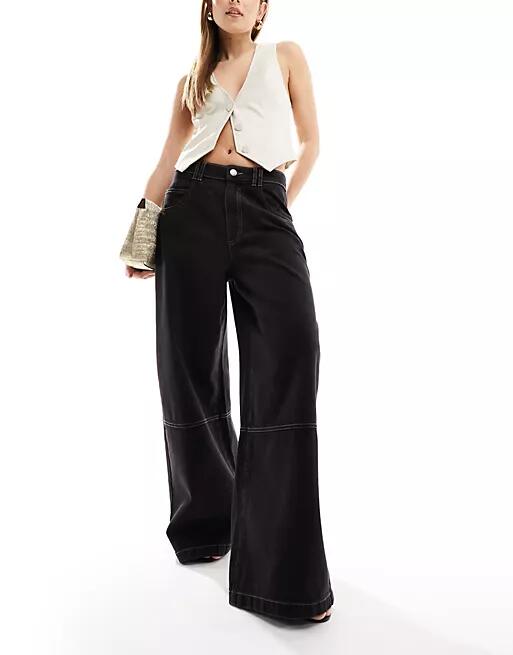 Bershka baggy wide leg carpenter pants in washed black Cover