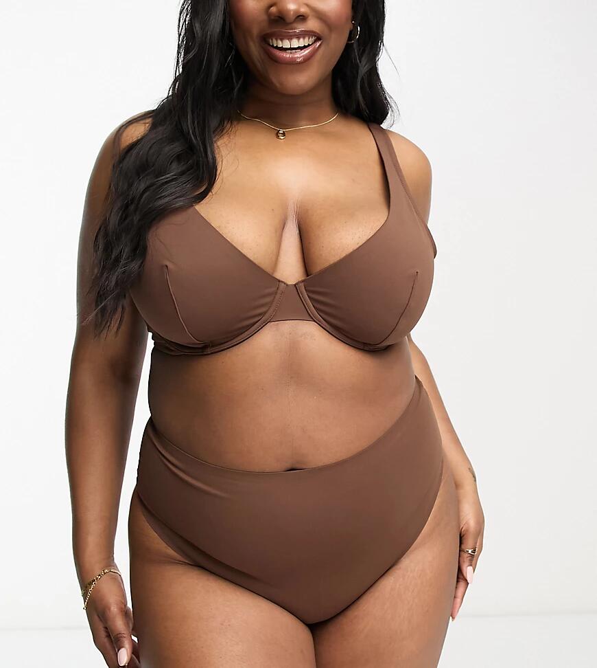 ASOS DESIGN Curve Marina smoothing high-waist thong in brown Cover