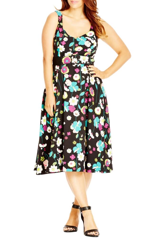 City Chic 'Fresh Floral' Belted Print Sweetheart Neck A-Line Dress Cover