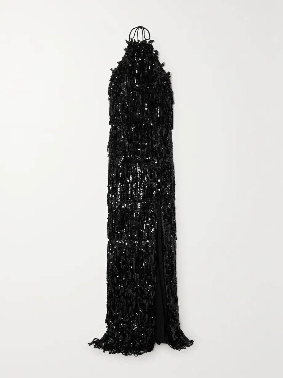 Carolina Herrera - Fringed Sequined Crepe Halterneck Gown - Black Cover