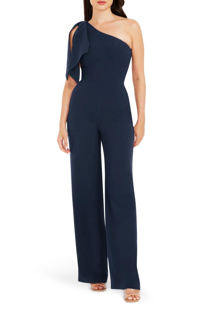 Dress the Population Tiffany One-Shoulder Jumpsuit in Midnight Blue B Cover