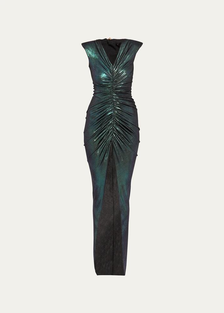 Balmain Iridescent Gathered Column Gown w/ Padded Shoulders Cover