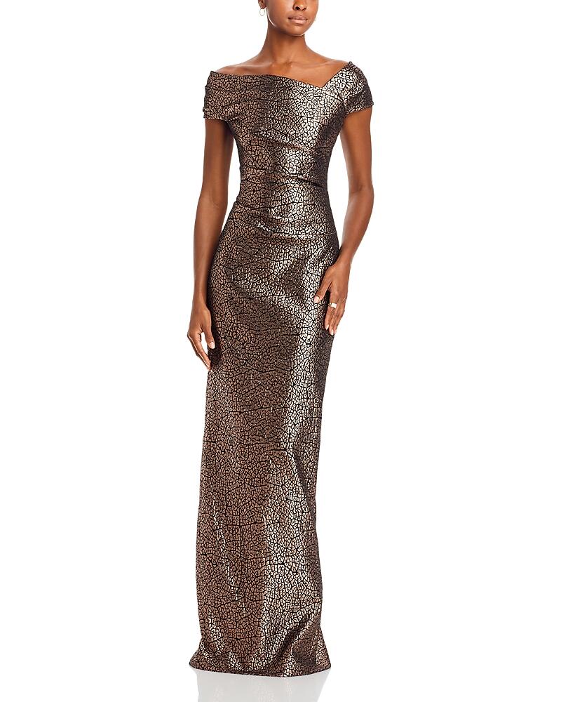 Teri Jon by Rickie Freeman Asymmetric Neck Metallic Gown Cover