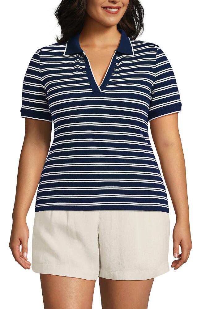 Lands' End Plus Size Short Sleeve Polished Rib Polo in Deep Sea Navy Dual Stripe Cover