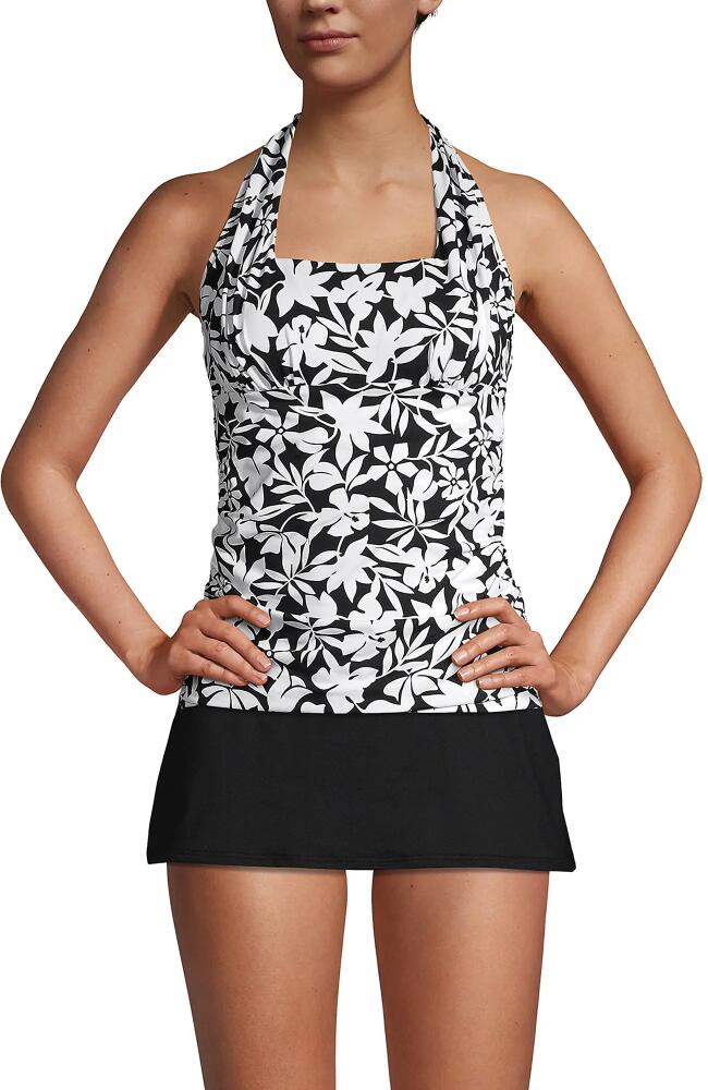 Lands' End Long Chlorine Resistant Square Neck Halter Tankini Swimsuit Top in Black Havana Floral Cover