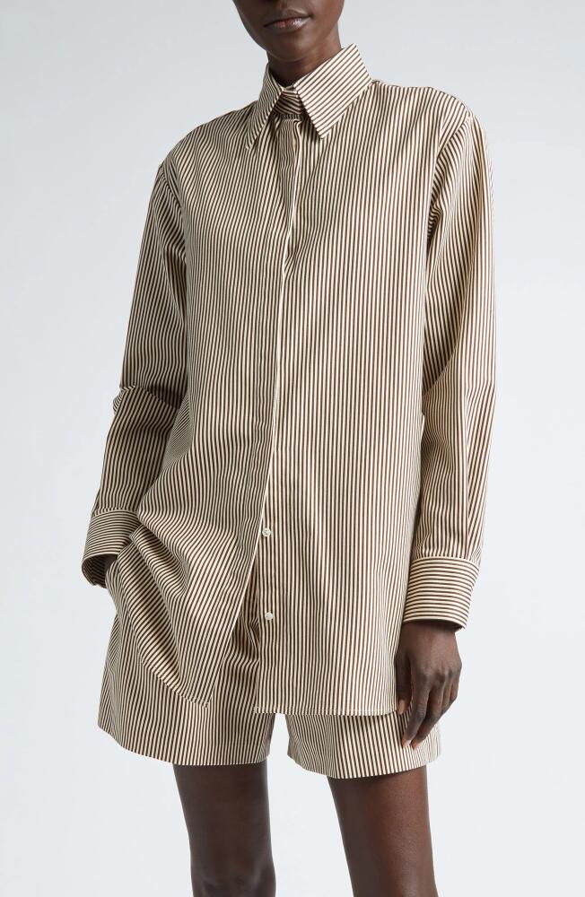 Brandon Maxwell The Phillippa Stripe Oversize Cotton Twill Button-Up Shirt in Chocolate Stripe Cover