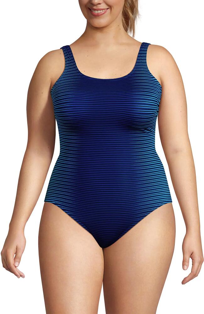 Lands' End Plus Size Chlorine Resistant Texture High Leg Soft Cup Tugless One Piece Swimsuit in Deep Sea Navy/stripe Ombre Cover