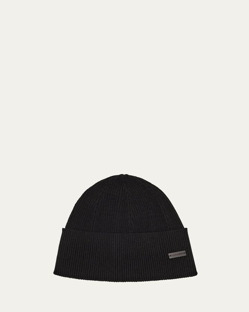 Saint Laurent Men's Cashmere Knit Beanie Hat with Leather Logo Cover