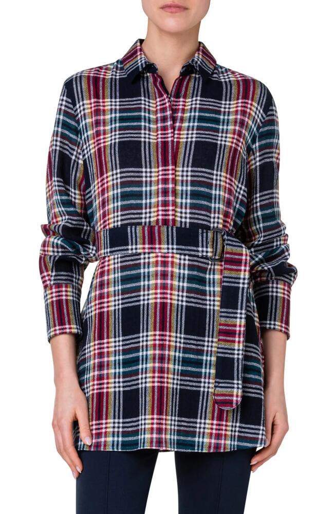 Akris punto Tartan Plaid Belted Tunic Top in Blue/Red Multi Cover