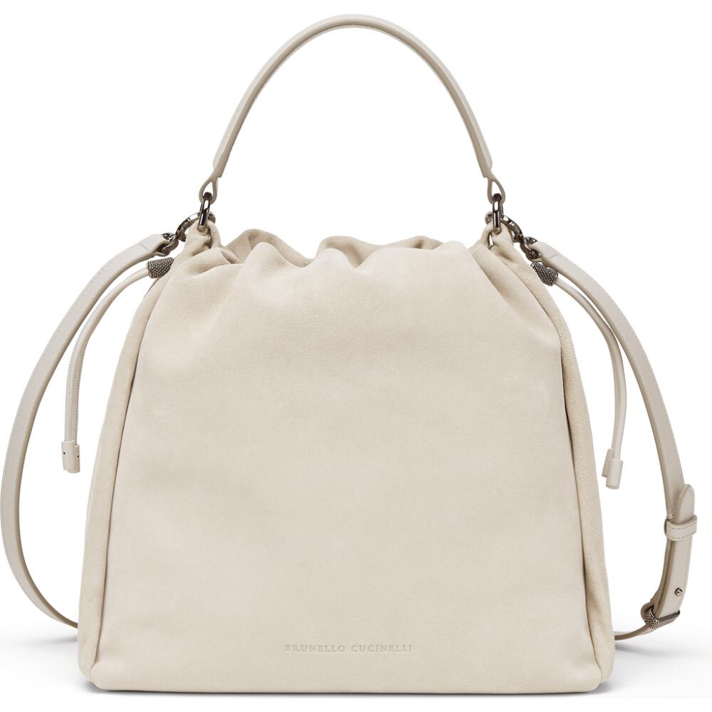 Brunello Cucinelli Sueded calfskin bucket bag with monili in Light Grey Cover