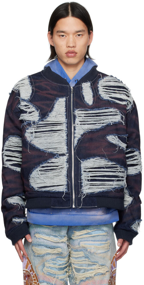 Who Decides War Navy Distressed Denim Bomber Jacket Cover