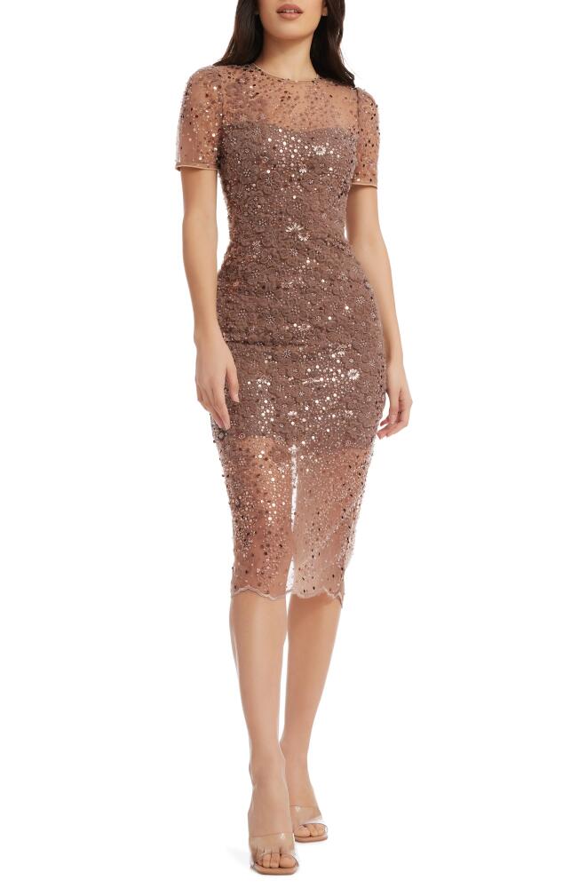 Dress the Population Lia Sequin Illusion Mesh Overlay Midi Cocktail Dress in Mauve Cover