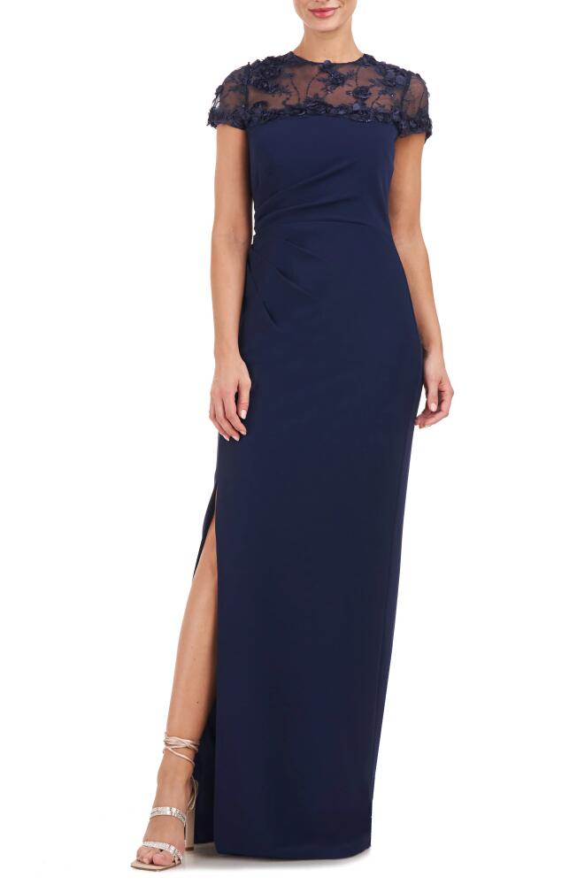 JS Collections Laney Rosette Embroidered Mesh Yoke Sheath Gown in Navy Cover