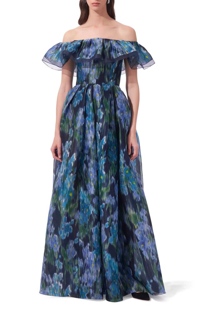 Carolina Herrera Floral Print Off the Shoulder Silk Chiffon Ballgown in Midnight Multi Cover