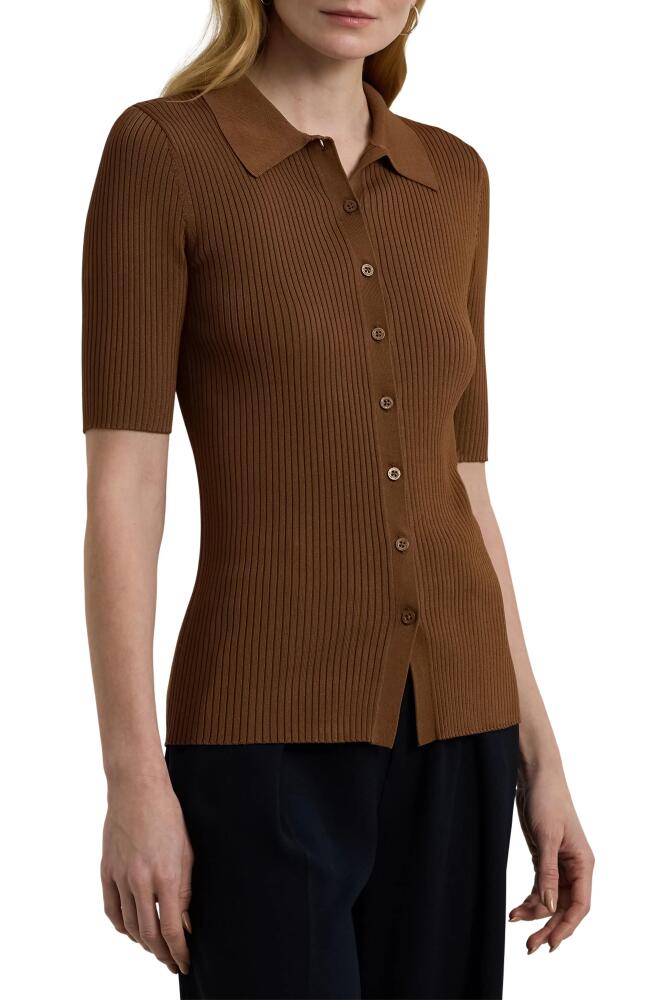 Lauren Ralph Lauren Rib Knit Elbow Sleeve Polo Cardigan in Dark Terracotta Cover