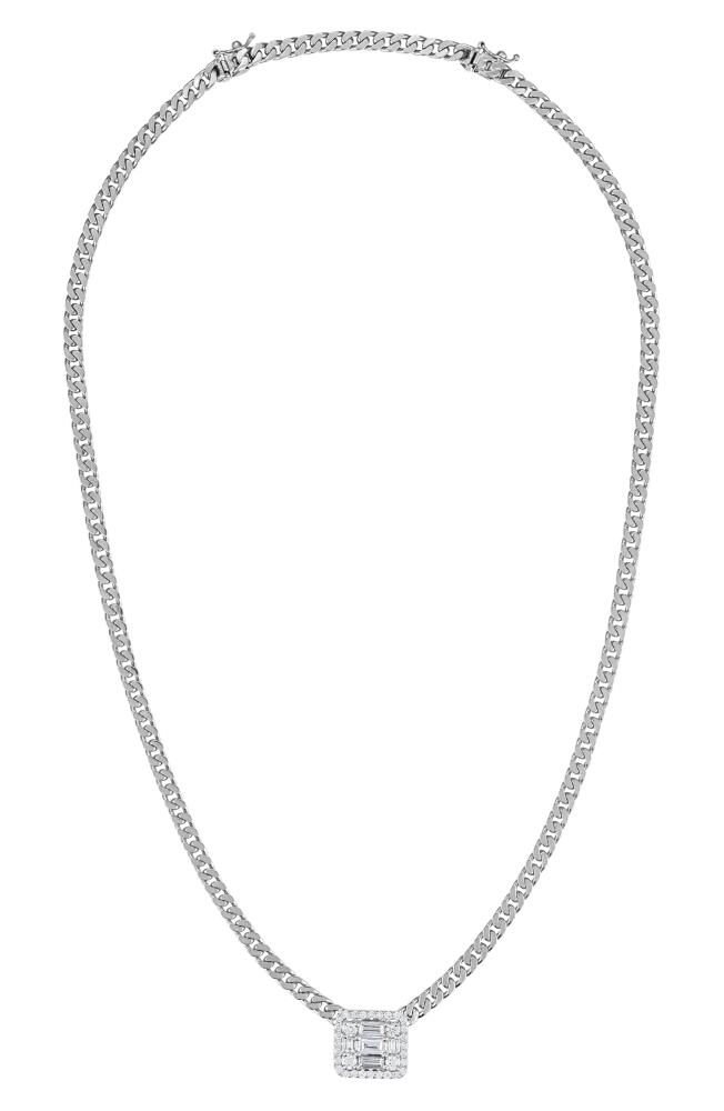 Mindi Mond Halo Diamond Cube Pendant Curb Chain Necklace in White Gold/Diamond Cover