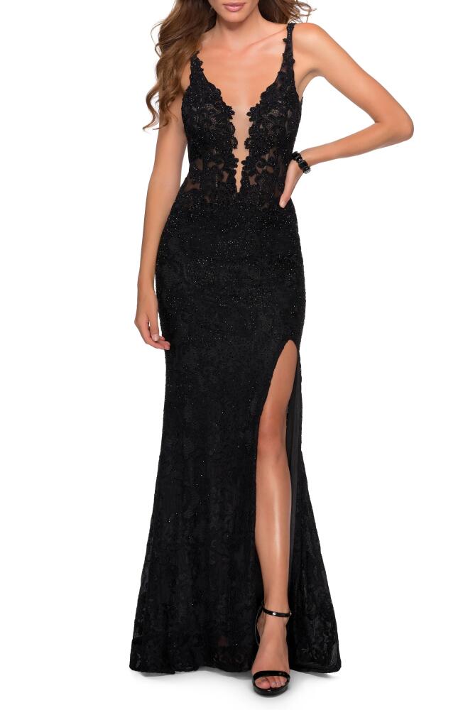 La Femme Sparkle Lace Plunge Neck Gown in Black Cover