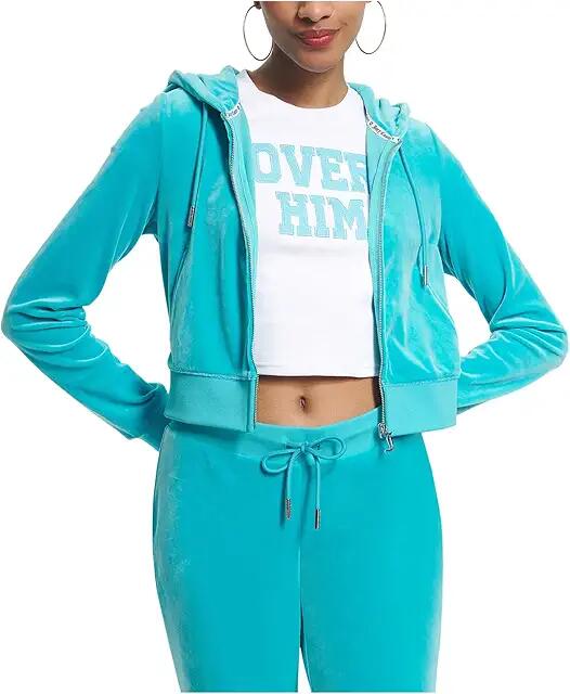 Juicy Couture Solid Classic Juicy Hoodie With Back Bling (Blue Crush) Women's Sweater Cover