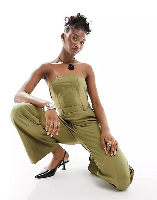 Extro & Vert bandeau wide leg jumpsuit in khaki-Green Cover