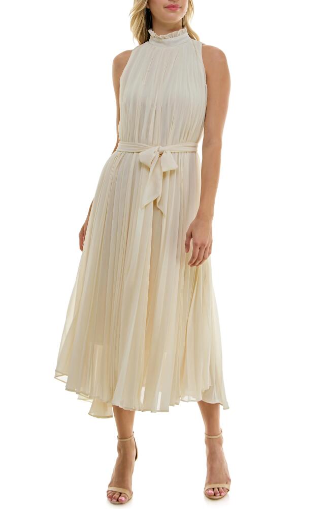 Socialite Pleated Mock Neck Chiffon Midi Dress in Cream Cover