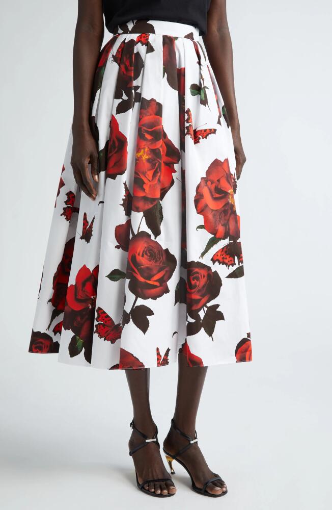 Alexander McQueen Tudor Rose Pleated Cotton Midi Skirt in Opticalwhite Cover