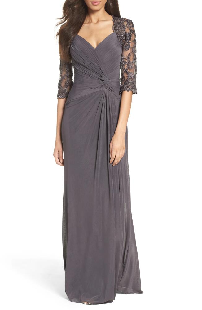 La Femme Ruched Twist Column Gown in Gunmetal Cover