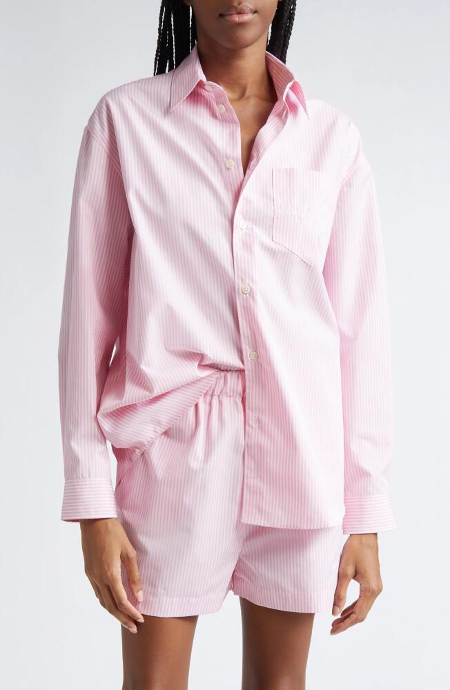 Sporty & Rich Hotel du Cap Oversize Stripe Cotton Button-Up Shirt in Pink/White Thin Stripe Cover