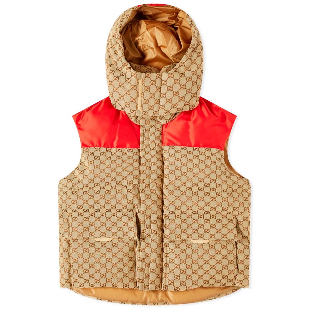 Gucci Men's GG Jacquard Hooded Down Vest in Camel Cover