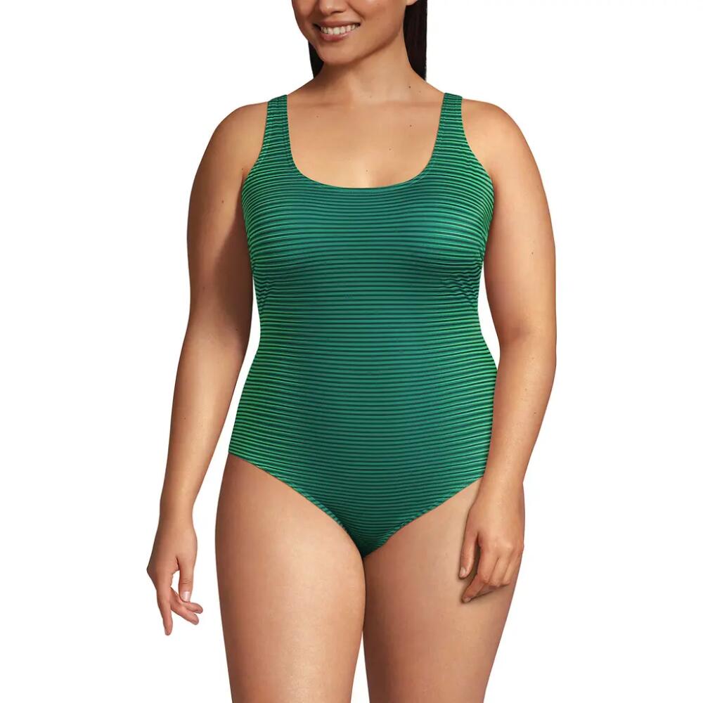 Lands' End Plus Size Chlorine Resistant X-Back High Leg Soft Cup Tugless Sporty One Piece in Deep Balsam/stripe Ombre Cover