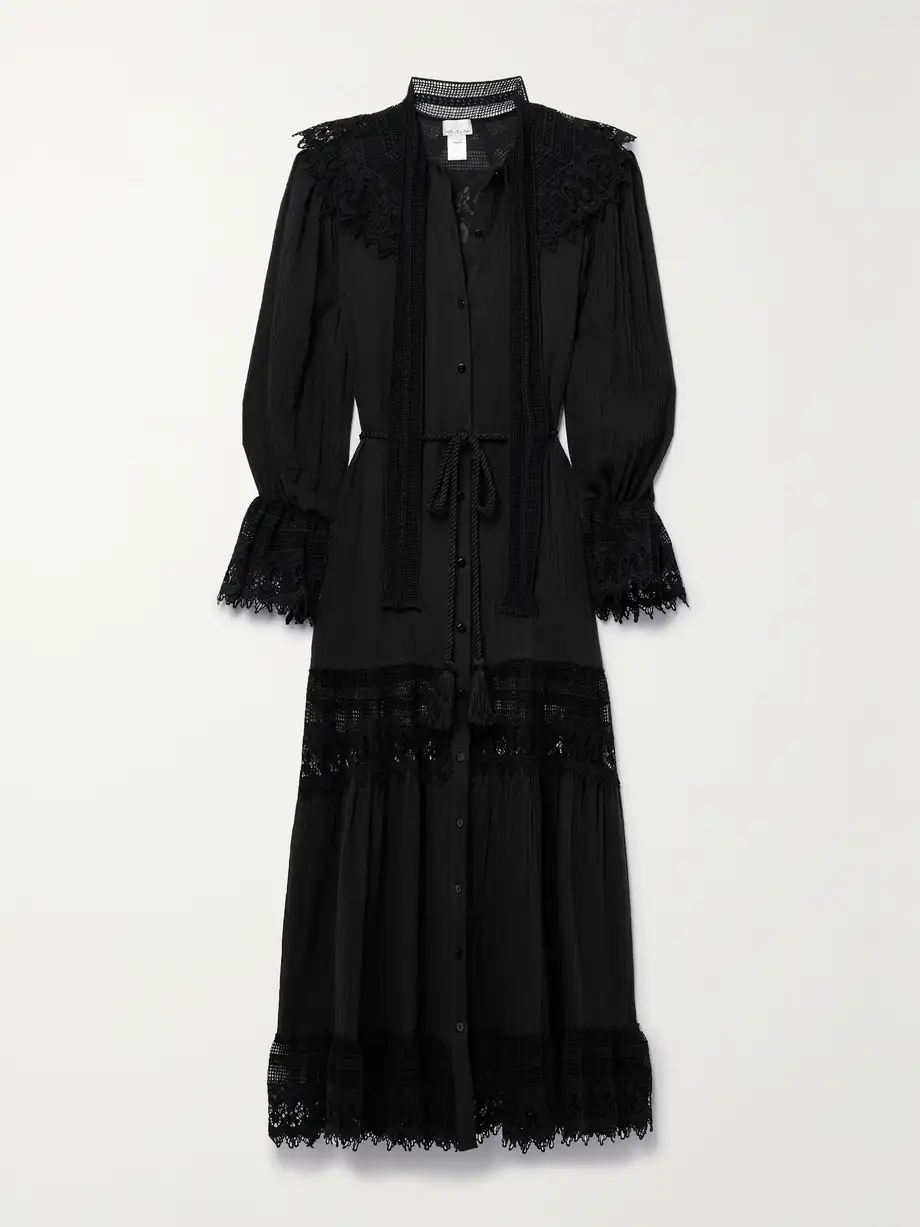 Miguelina - Emilline Belted Lace-trimmed Cotton-gauze Maxi Dress - Black Cover